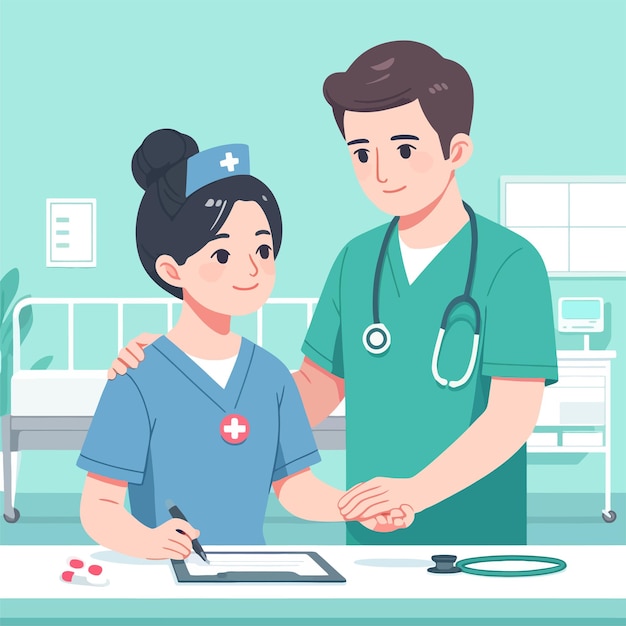 Ilustración de una enfermera ayudando a un médico