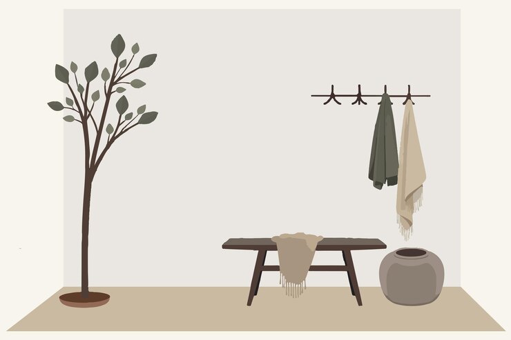 Ilustración de una entrada minimalista con banco de madera y colgante de ropa de pared
