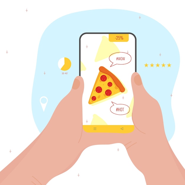 Ilustración de entrega de vectores con pizza y teléfono para redes sociales. ilustración de comida rápida.