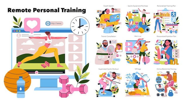Ilustración de entrenamiento personal remoto muestra soluciones de fitness en línea interesantes que incluye video
