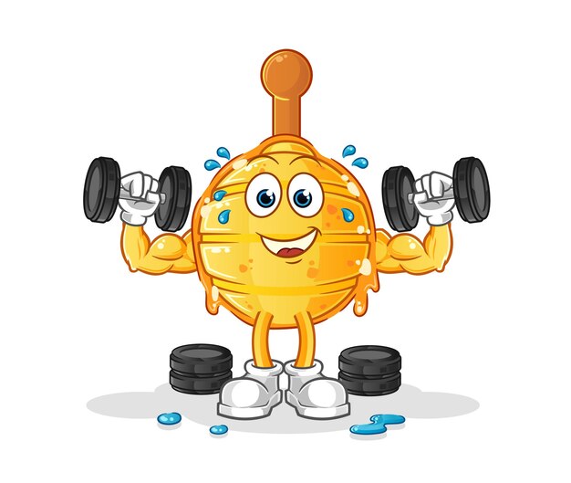 Ilustración de entrenamiento con pesas de cazo de miel de madera. vector de caracteres