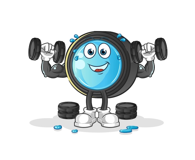 Ilustración de entrenamiento con pesas de lente de cámara. vector de personaje
