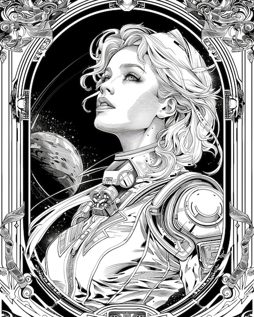 Vector ilustración épica espacial ultra detallada con pluma y tinta de una mujer hermosa