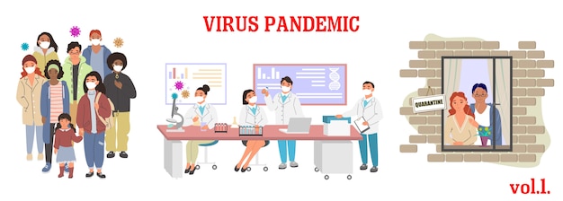 Ilustración de epidemia de virus. prevención de enfermedades respiratorias por coronavirus, conciencia. grupo de personas con máscara, científicos de microbiología en el laboratorio, cuarentena en pareja en casa. pandemia de virus corona.