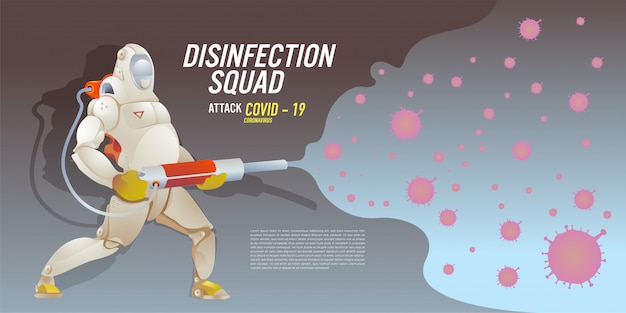 Ilustración del equipo de desinfección ataca virus corona, covid - 19
