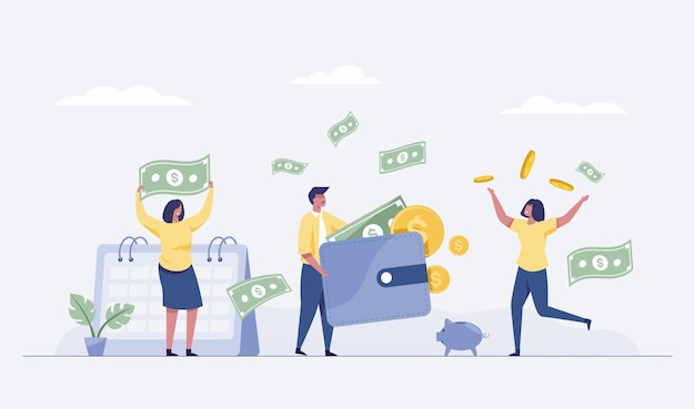 Ilustración del equipo de negocios feliz celebra el éxito permanente mantener dinero. Ilustración vectorial