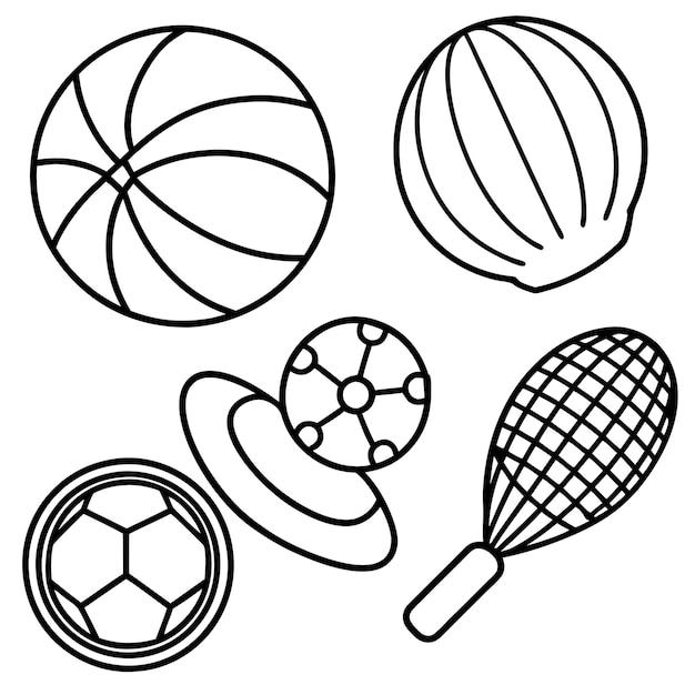 Ilustración de equipos deportivos con varias bolas y raquetas