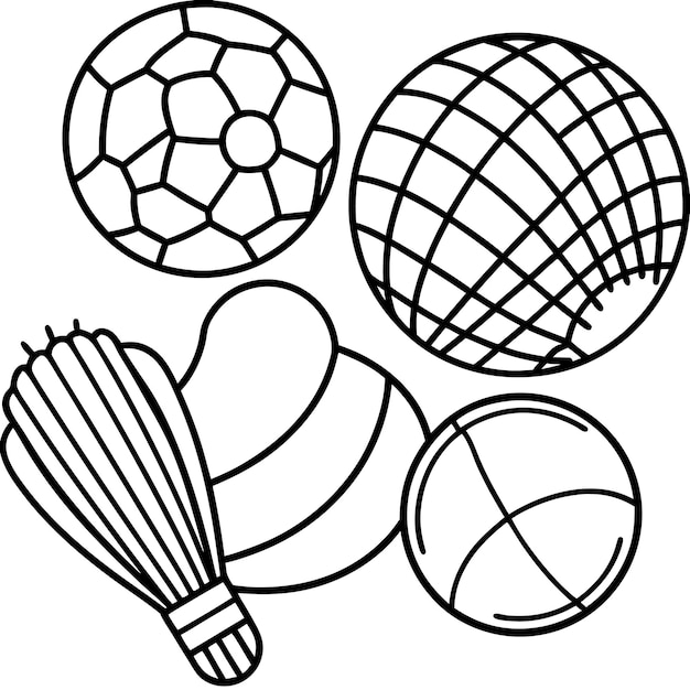 Ilustración de equipos deportivos con varias bolas y raquetas