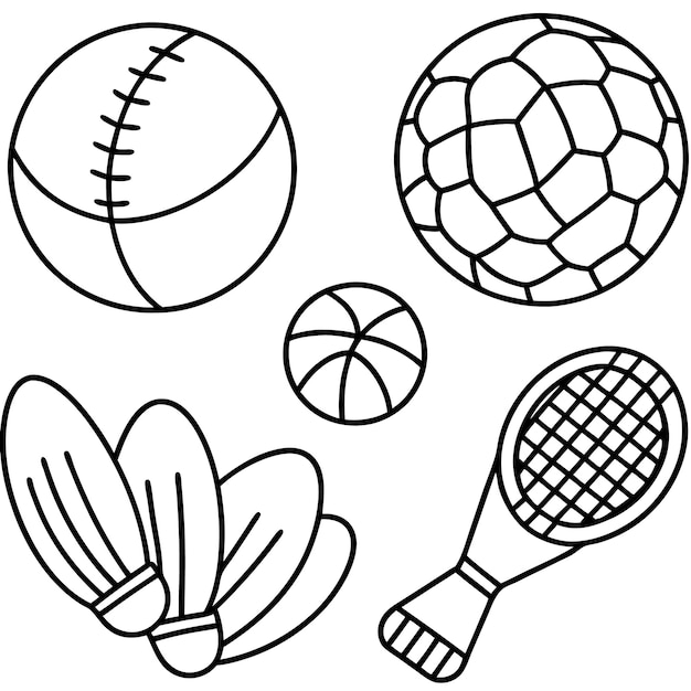 Ilustración de equipos deportivos con varias bolas y raquetas