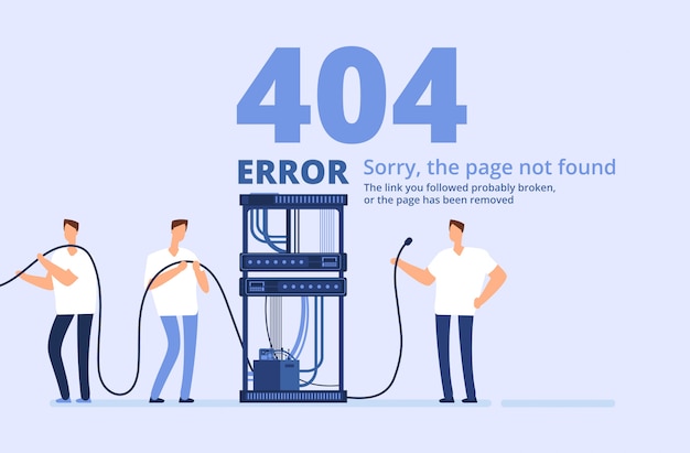 Ilustración de error de página 404. lo sentimos, la página no encontró la plantilla del sitio web con servidores y administradores de red.