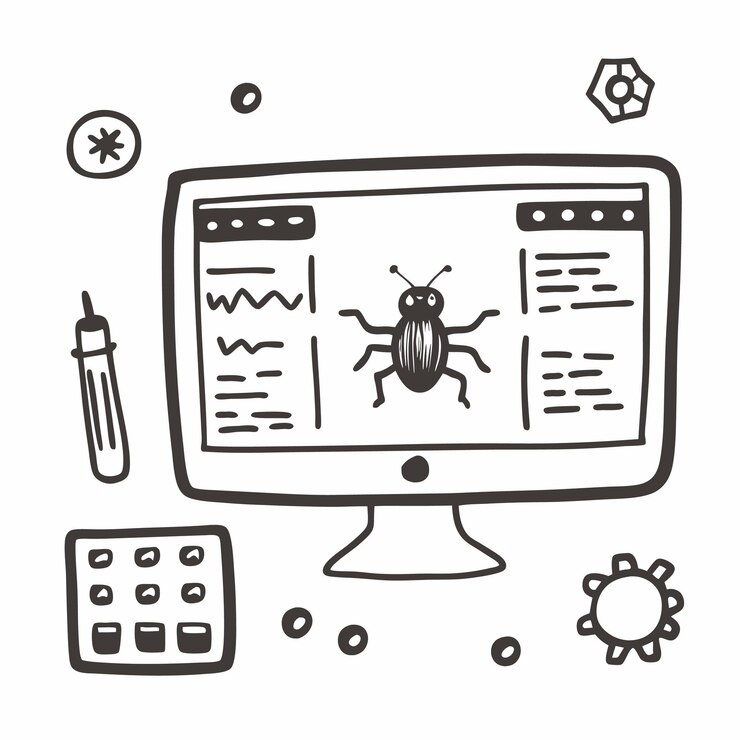 Vector ilustración de errores informáticos dibujada a mano con elementos y herramientas de codificación