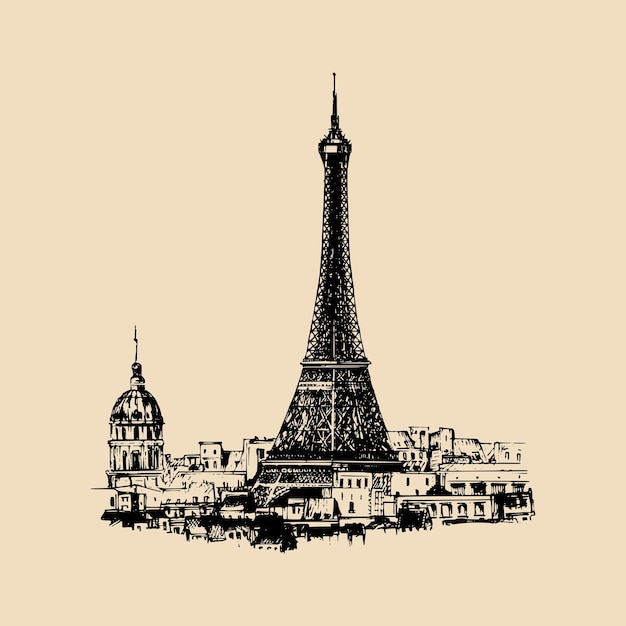 Ilustración esbozada a mano de la Torre Eiffel para carteles festivos de tarjetas de felicitación, etc.