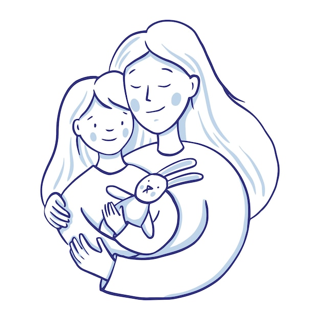 Ilustración de esbozo para el día de la madre Mamá abraza a su hija sosteniendo un juguete de liebre