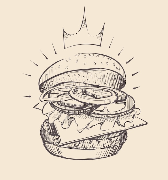 Vector ilustración de esbozo de hamburguesa abierta jugosa grande
