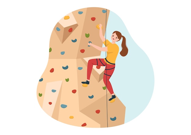 Ilustración de escalada de acantilados con escalada de pared de roca o acantilados de montaña en plantilla dibujada a mano