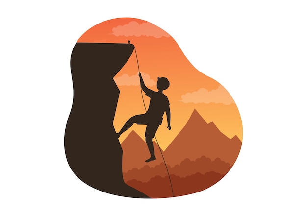 Ilustración de escalada de acantilados con escalada de pared de roca o acantilados de montaña en plantilla dibujada a mano