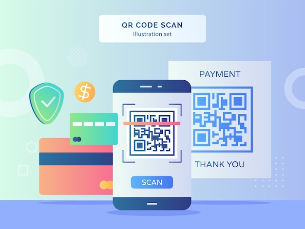 Ilustración de escaneo de código QR establece el código QR en la pantalla del teléfono inteligente Fondo de pantalla de dólar de escudo de tarjeta bancaria con diseño de estilo plano