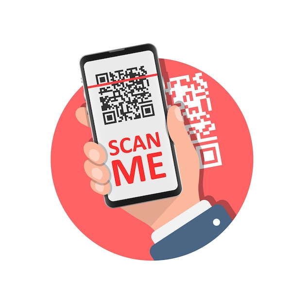 Ilustración de escaneo de código QR en estilo plano Ilustración de vector de escaneo de teléfono móvil sobre fondo aislado Lector de código de barras en concepto de negocio de signo de mano