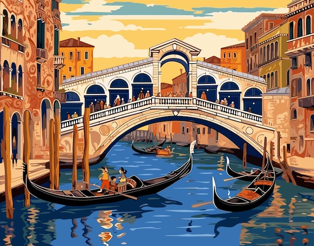 Vector ilustración de una escena de un canal veneciano las góndolas se mueven debajo de un puente ornamentado rodeado de edificios de terracota con frescos