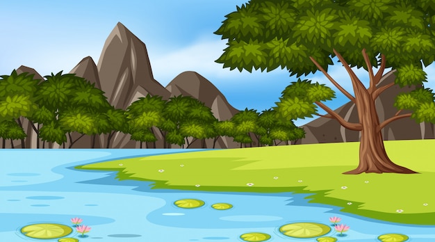Ilustración de escena con muchos árboles en el parque