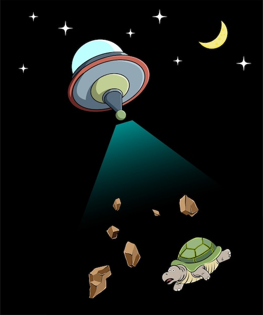 Vector ilustración de escena nocturna con ufo chupando tortuga y piedras con luna y estrellas