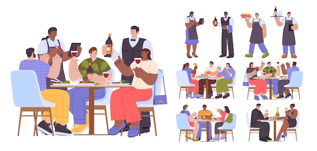 Ilustración de la escena del restaurante y conjunto de íconos
