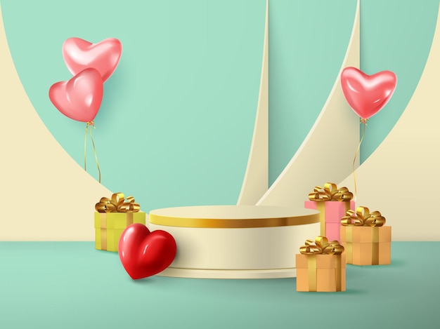 Ilustración de una escena romántica de un podio vacío con regalos para el día de San Valentín.