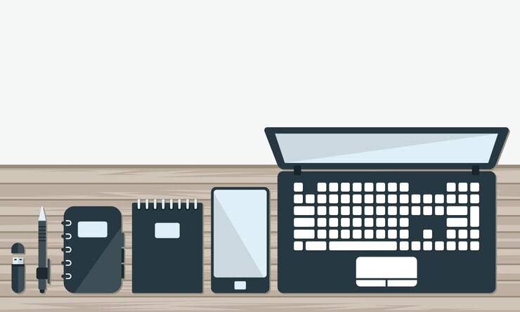Vector ilustración de escritorio de oficina y papelería en vista superior de estilo plano