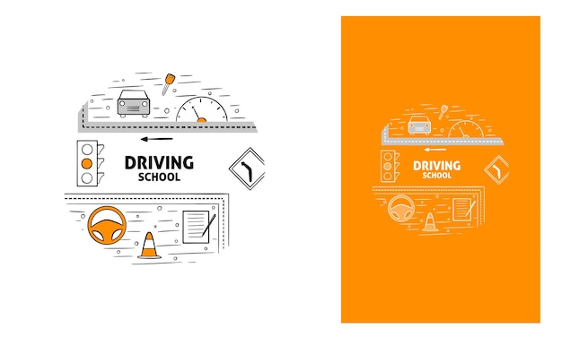 Ilustración de una escuela de conducción con volante de semáforo de automóvil y papeleo