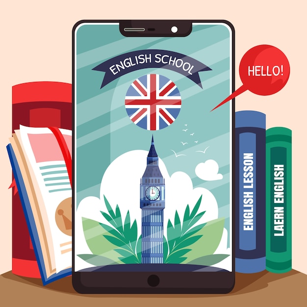 Ilustración de escuela de inglés dibujada a mano de estilo plano