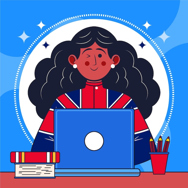 Vector ilustración de escuela de inglés dibujada a mano con mujer aprendiendo en la computadora portátil