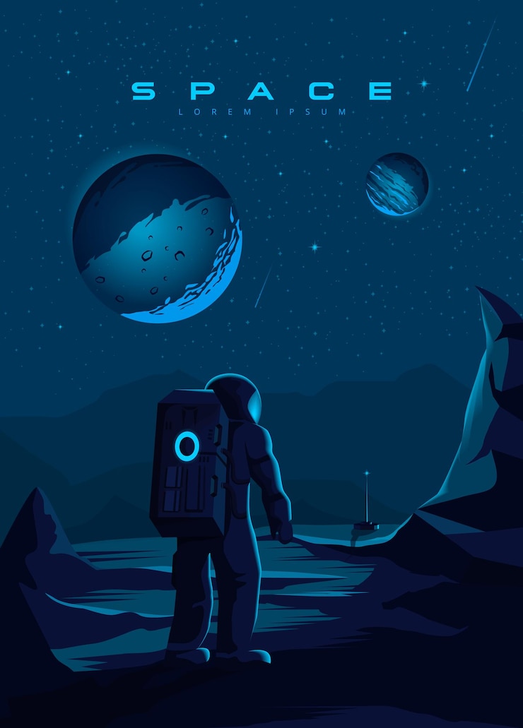 Vector ilustración espacial. el aterrizaje del astronauta en el planeta. exploración del planeta, colonización.