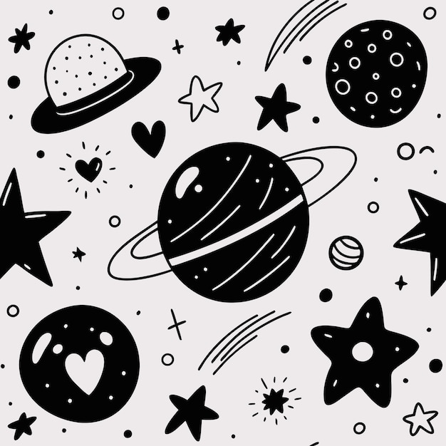 Ilustración espacial dibujada a mano en blanco y negro con planetas, estrellas, corazones, estrellas fugaz y cometas.