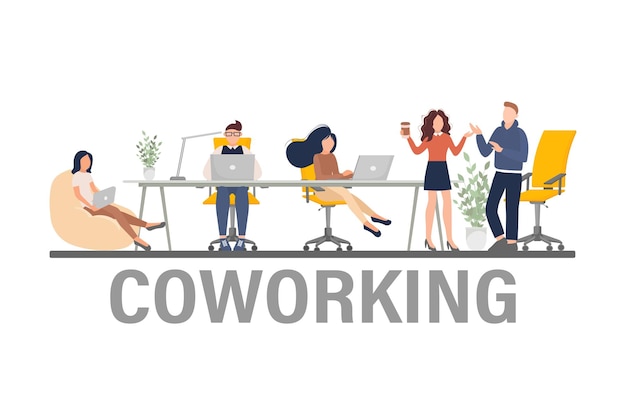 Ilustración del espacio de coworking Gente de negocios trabajo en equipo Vector diseño plano Gente de negocios