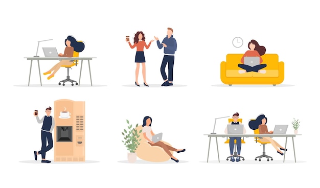 Ilustración del espacio de coworking gente de negocios trabajo en equipo vector diseño plano gente de negocios