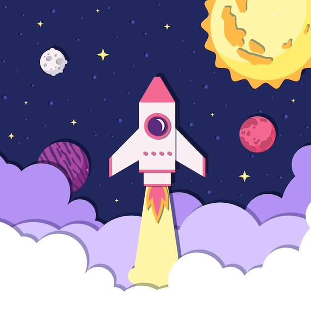 Ilustración del espacio en estilo de papel con nave espacial.