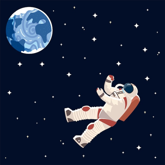 Vector ilustración de espacio de exploración de dibujos animados de personaje de astronauta