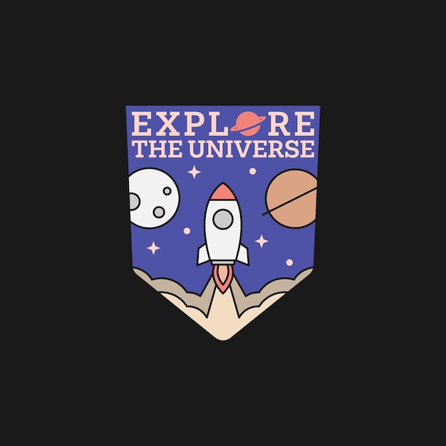 Ilustración del espacio exterior El diseño de la etiqueta o la insignia es adecuado para la etiqueta adhesiva de camiseta
