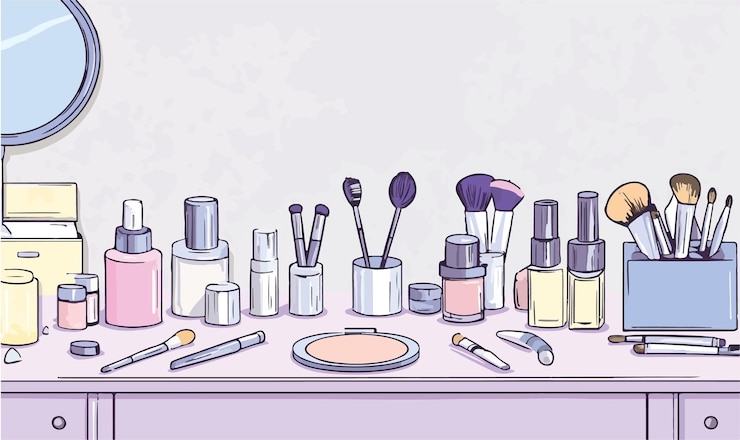 Vector ilustración del espacio de trabajo de los maquilladores creativos