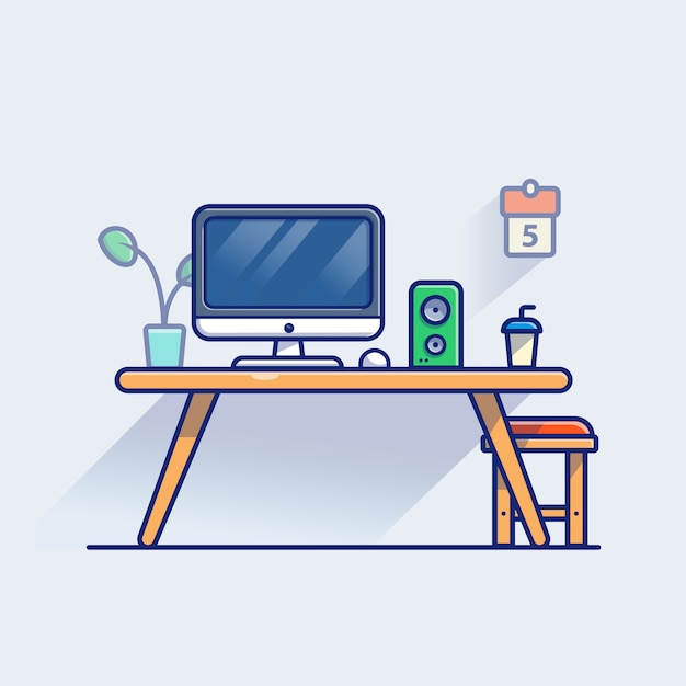 Vector ilustración del espacio de trabajo. monitor y portátil en la mesa. concepto de espacio de trabajo blanco aislado