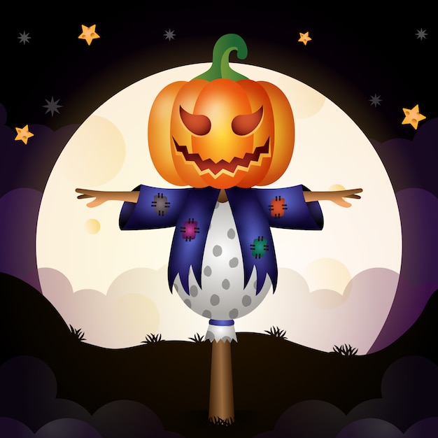 Vector ilustración de un espantapájaros de halloween de dibujos animados lindo de pie en el suelo frente a la luna