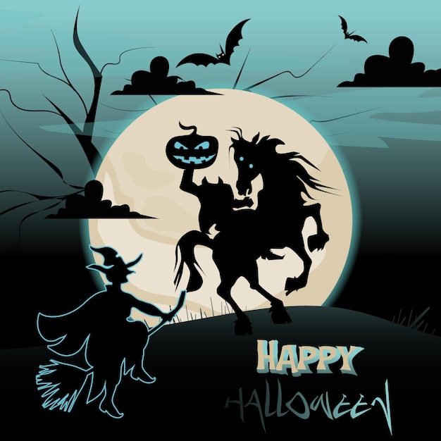 Ilustración espeluznante de Halloween con fantasmas y murciélagos de calabazas de casa de miedo