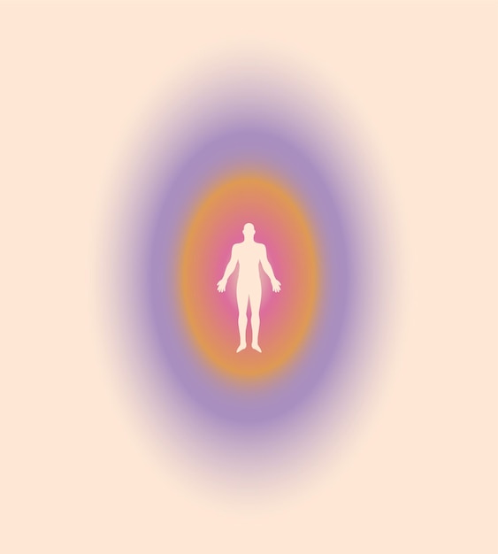 Ilustración espiritual minimalista del aura del cuerpo humano con silueta humana rodeada de gradiente radial