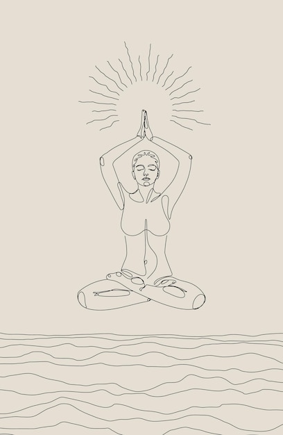 Ilustración espiritual de una mujer meditadora sobre el mar con el sol brillando en sus manos