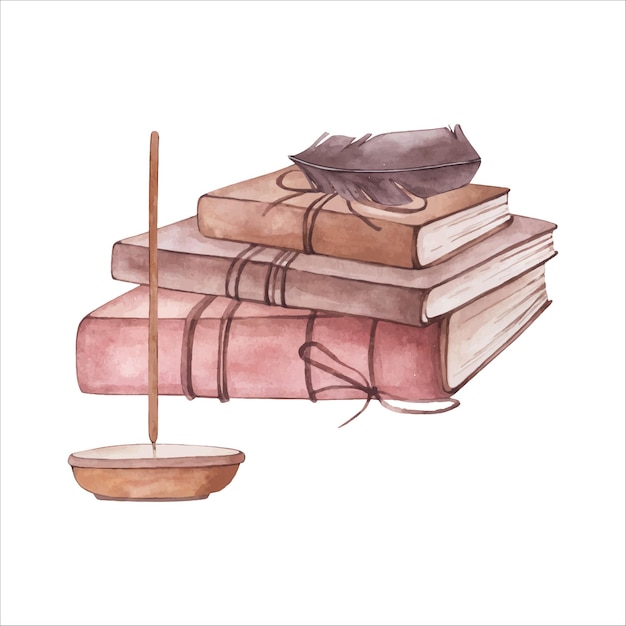 Ilustración de espiritualidad de acuarela dibujada a mano aislada en blanco Pila de libros e incienso Clipart