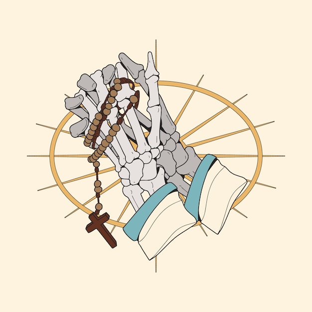 Ilustración de un esqueleto dibujado a mano con manos en oración