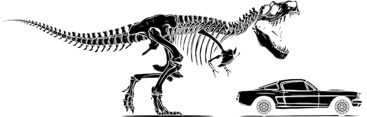Vector ilustración del esqueleto de un dinosaurio siguiendo el coche