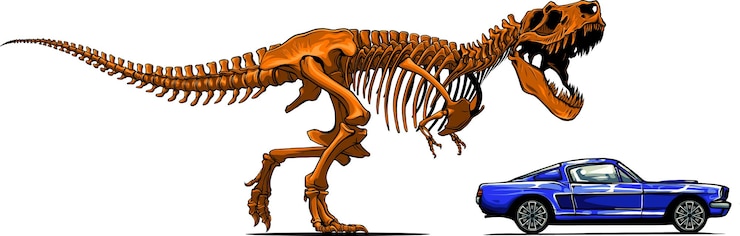 Vector ilustración del esqueleto de un dinosaurio siguiendo el coche
