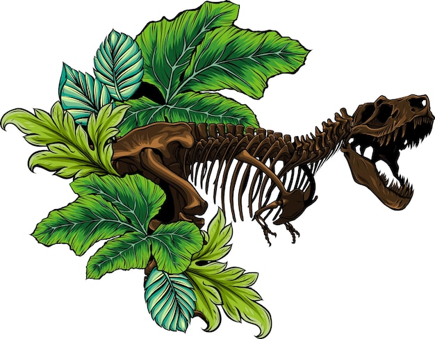 Ilustración del esqueleto de dinosaurio Tyrannosaurus Rex con hojas