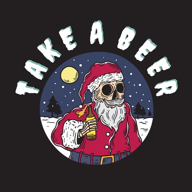 Ilustración de un esqueleto de Papá Noel que lleva cerveza en una noche de nieve